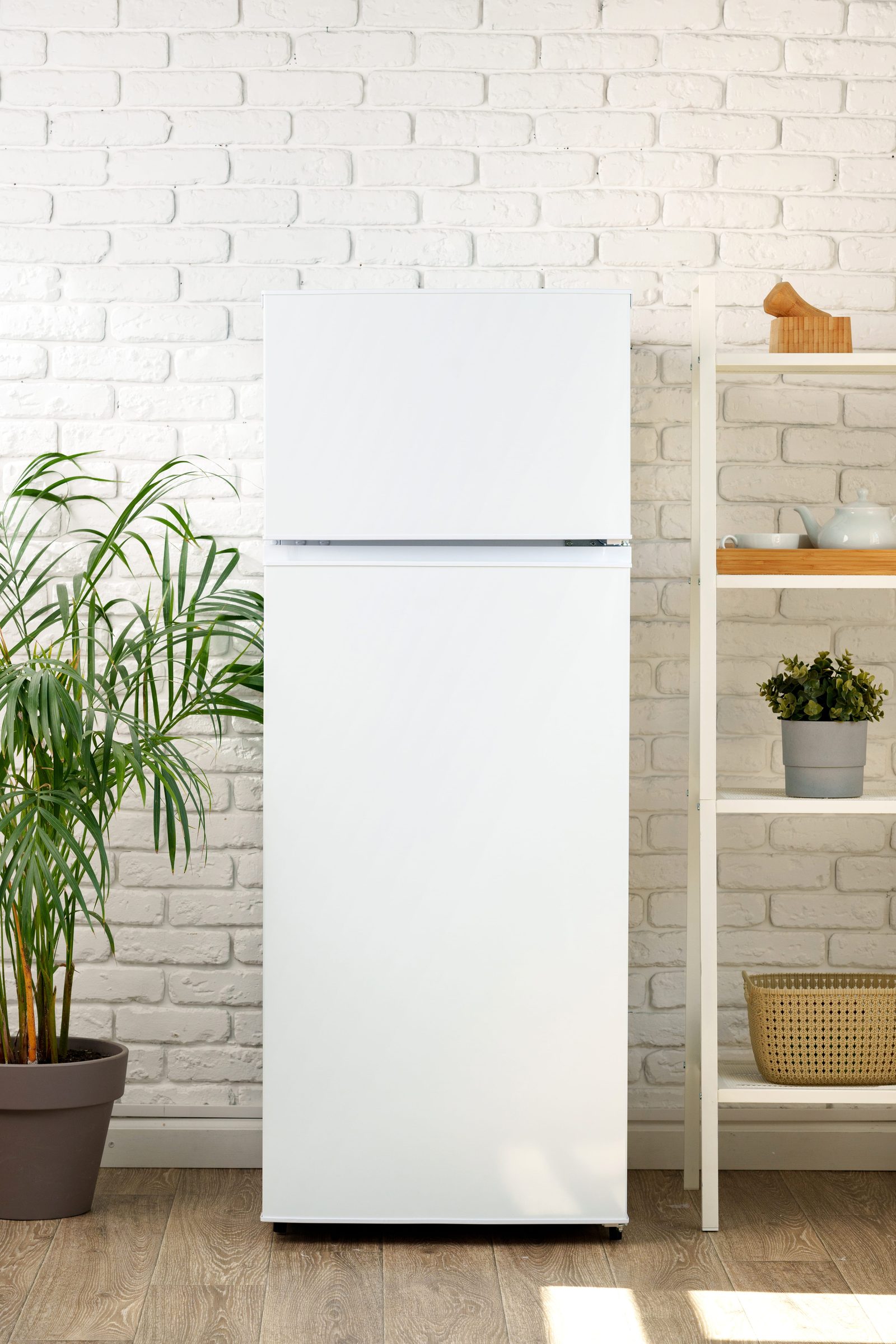 Compact fridge in a small modern apartment kitchen