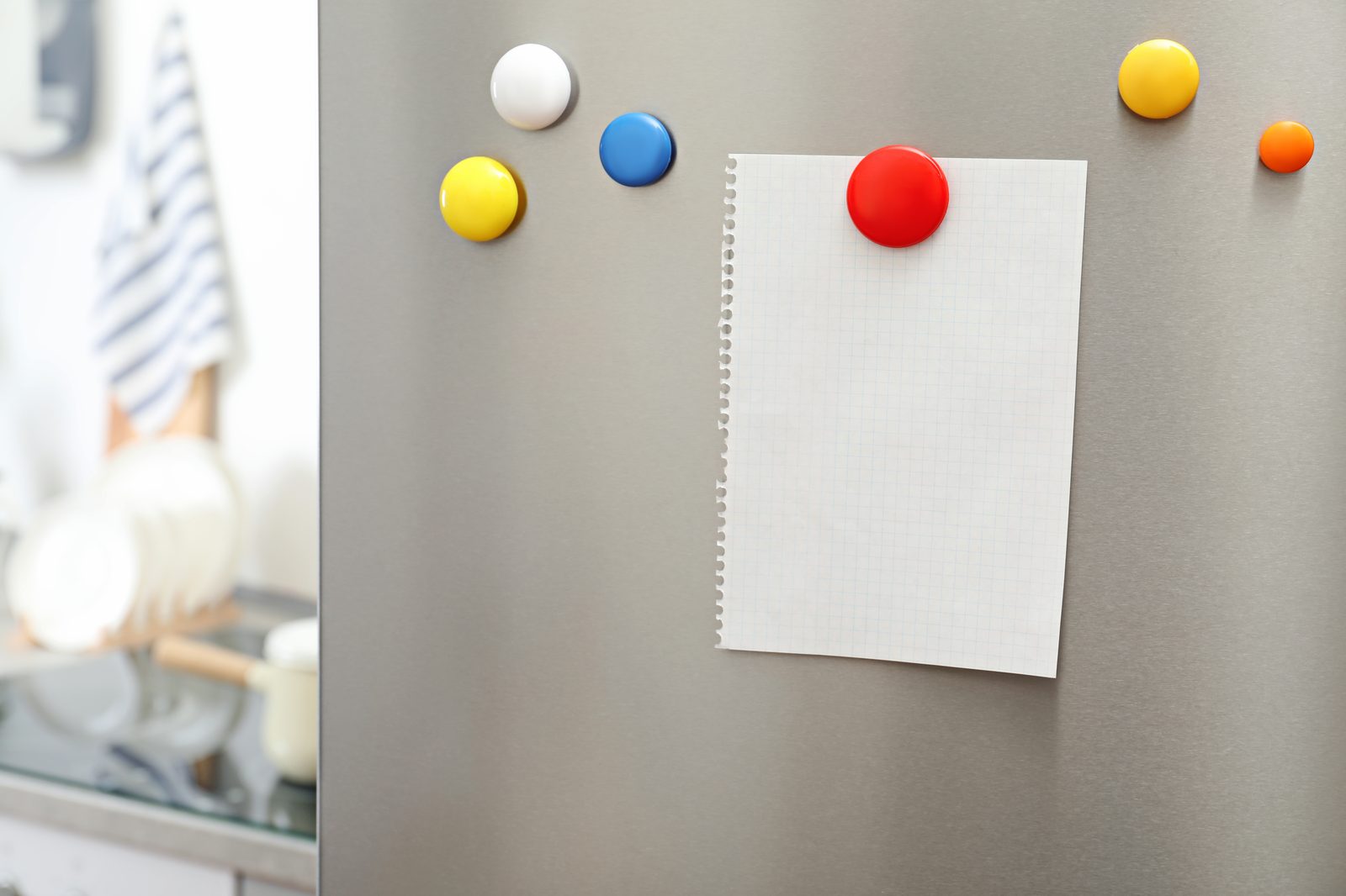 Fridge door details in a family kitchen